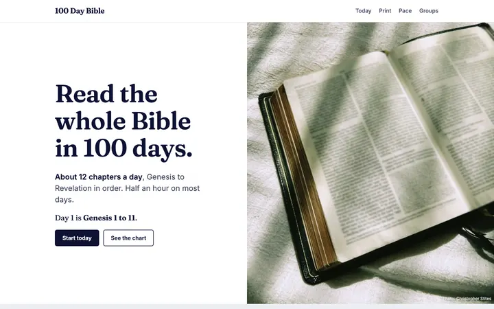 100 Day Bible home page on a desktop screen