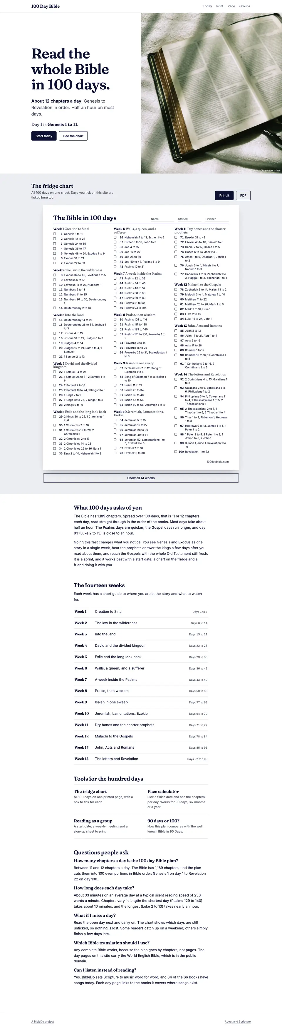 The full 100 Day Bible home page, top to bottom
