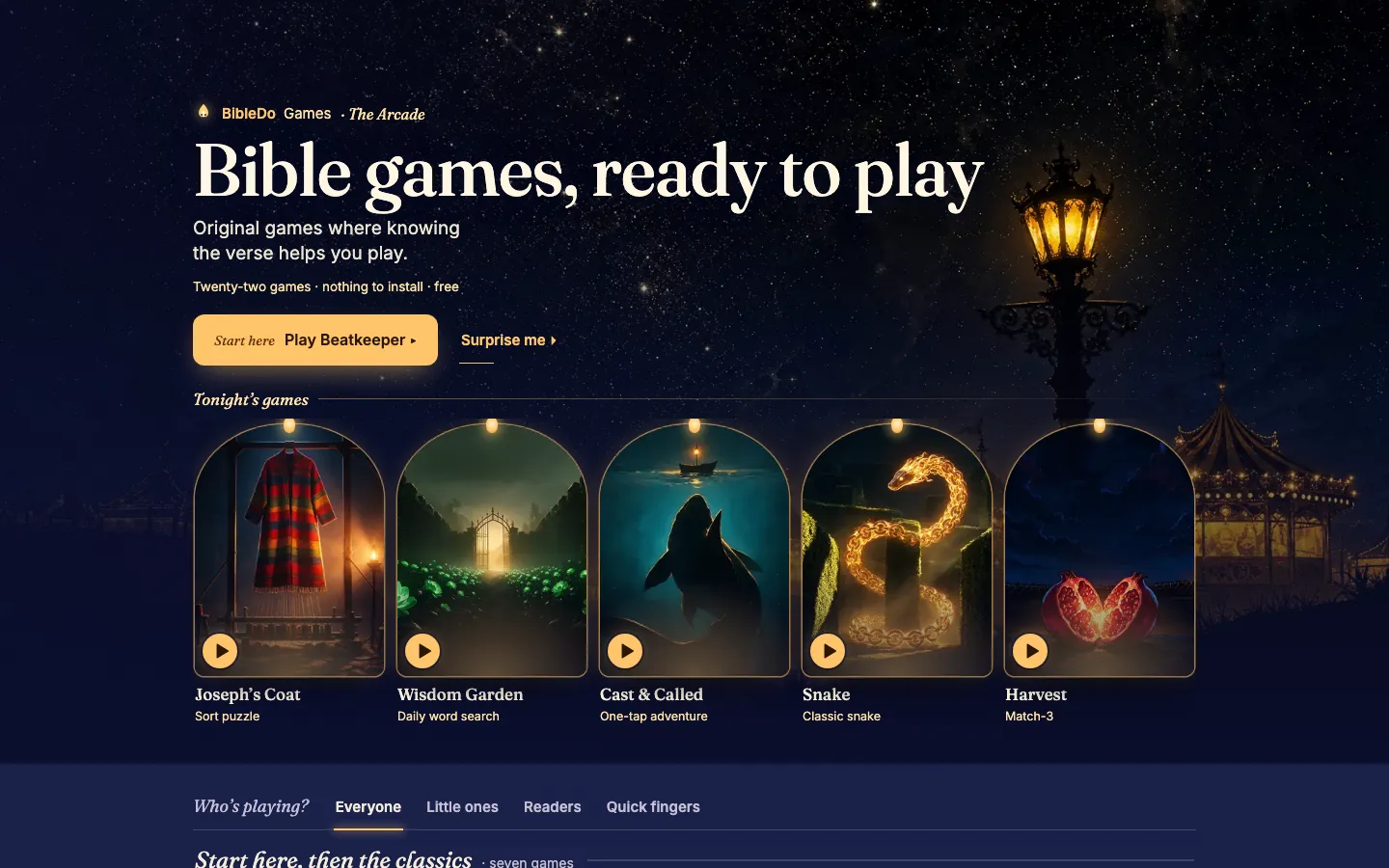BibleDo Arcade home page on a desktop screen