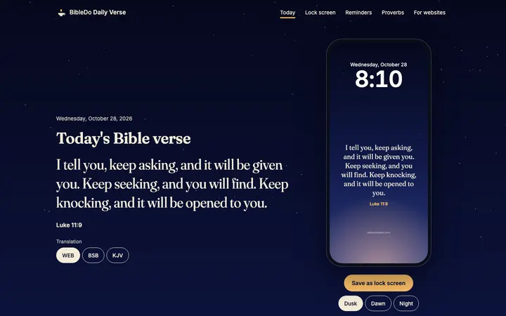 Bible Reminders home page on a desktop screen