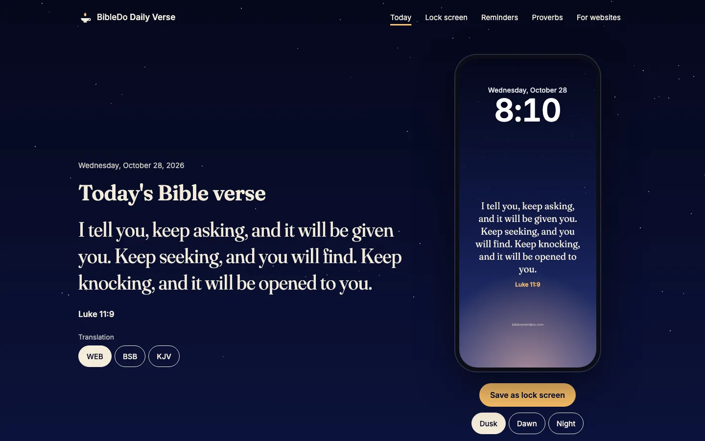 Bible Reminders home page on a desktop screen