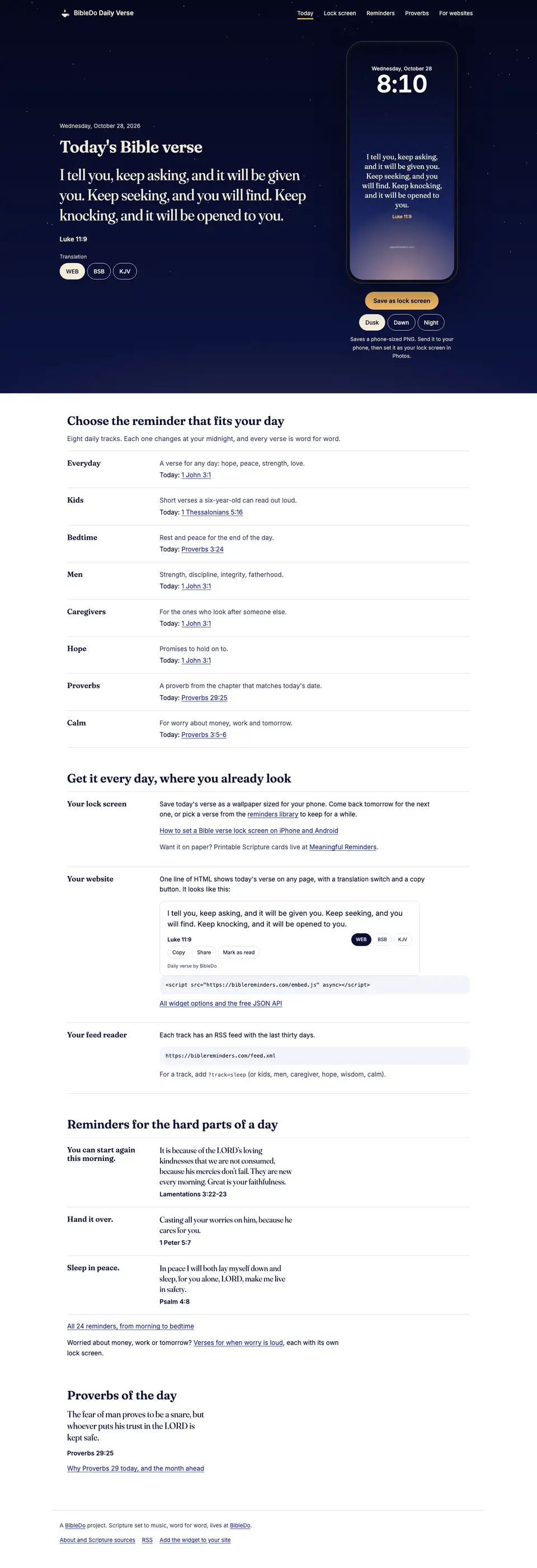 The full Bible Reminders home page, top to bottom