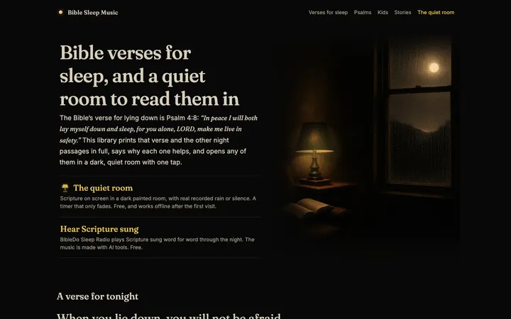 Bible Sleep Music home page on a desktop screen
