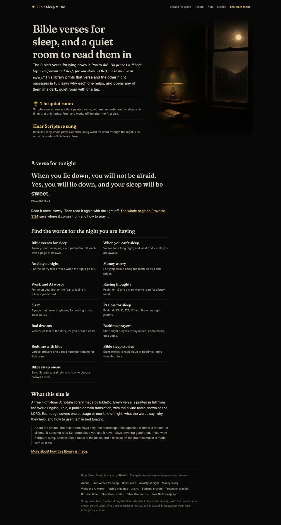 The full Bible Sleep Music home page, top to bottom