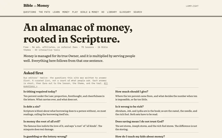 Bible vs Money home page on a desktop screen