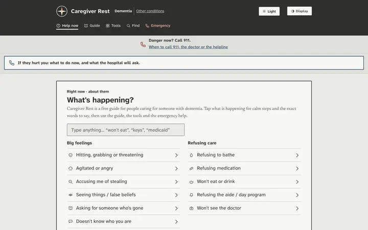 Caregiver Rest home page on a desktop screen