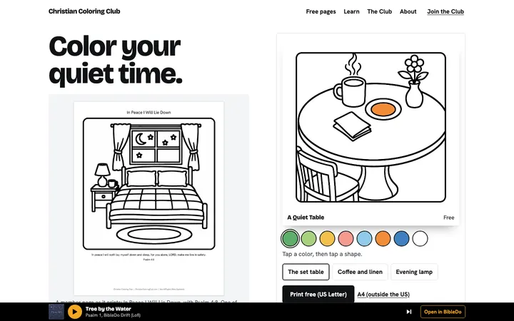 Christian Coloring Club home page on a desktop screen