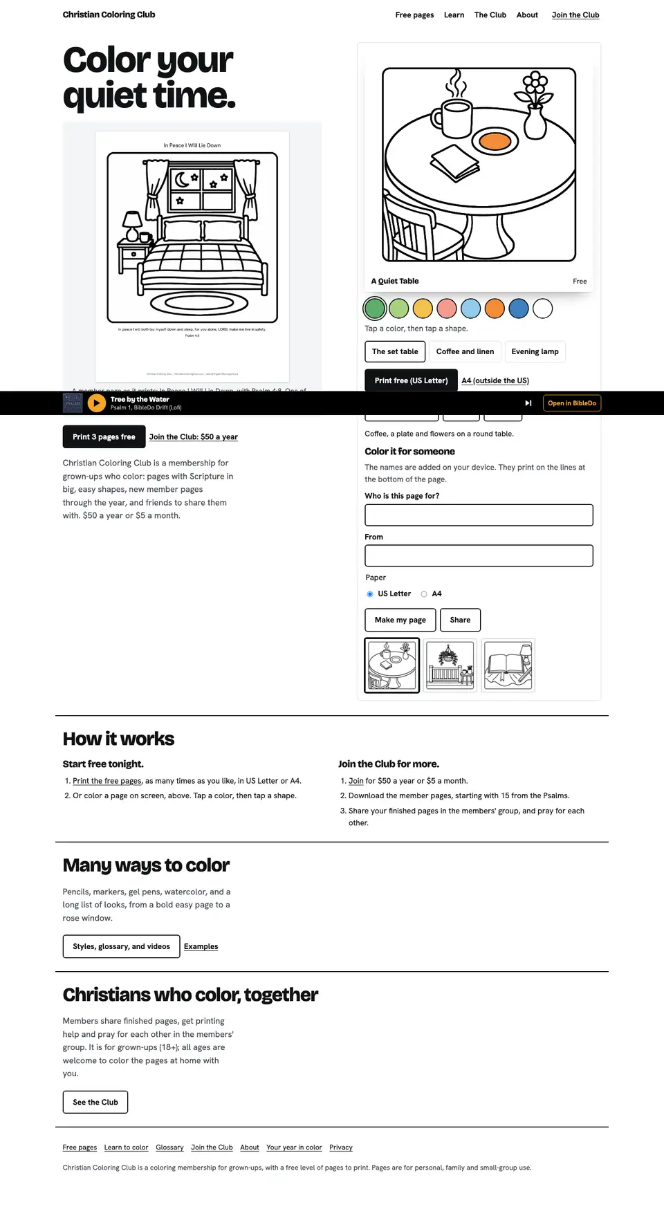 The full Christian Coloring Club home page, top to bottom