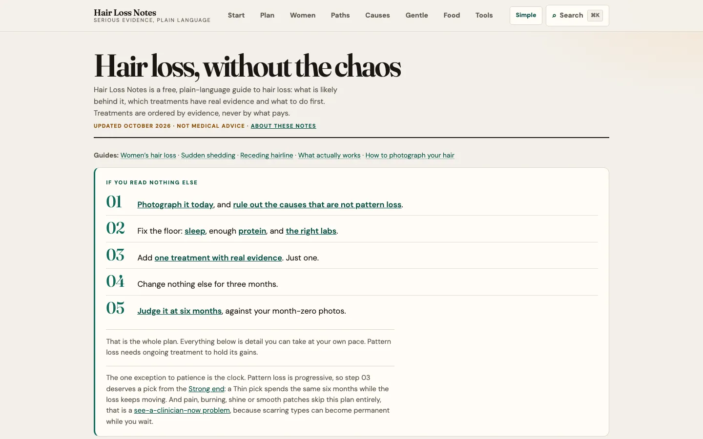 Hair Loss Notes home page on a desktop screen