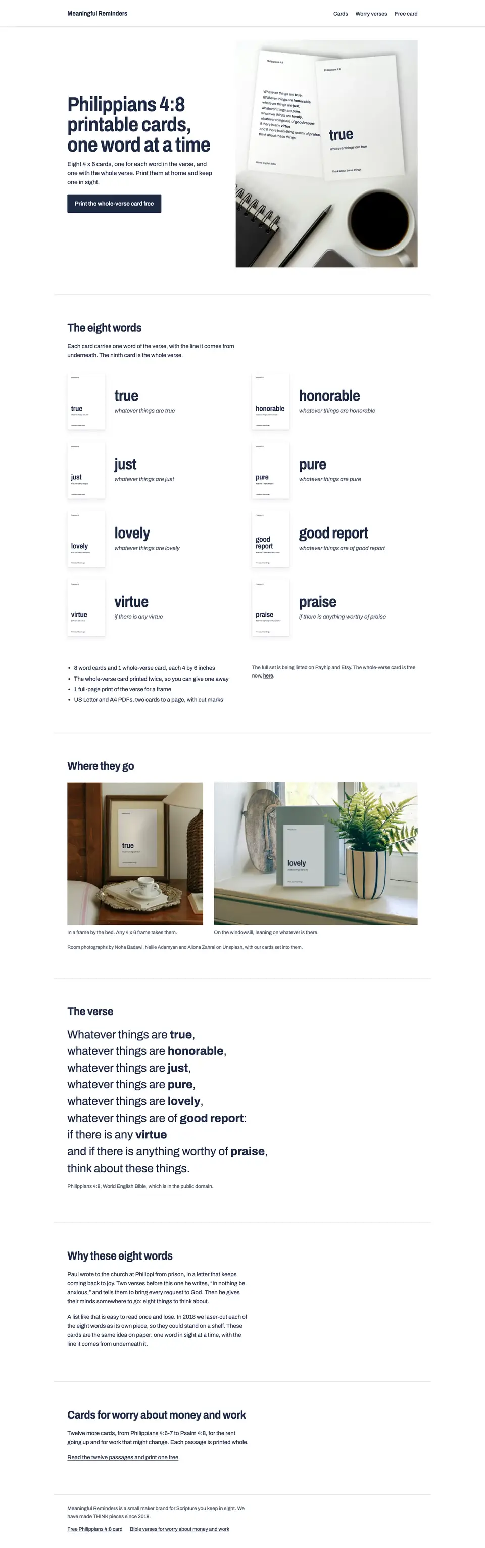 The full Meaningful Reminders home page, top to bottom