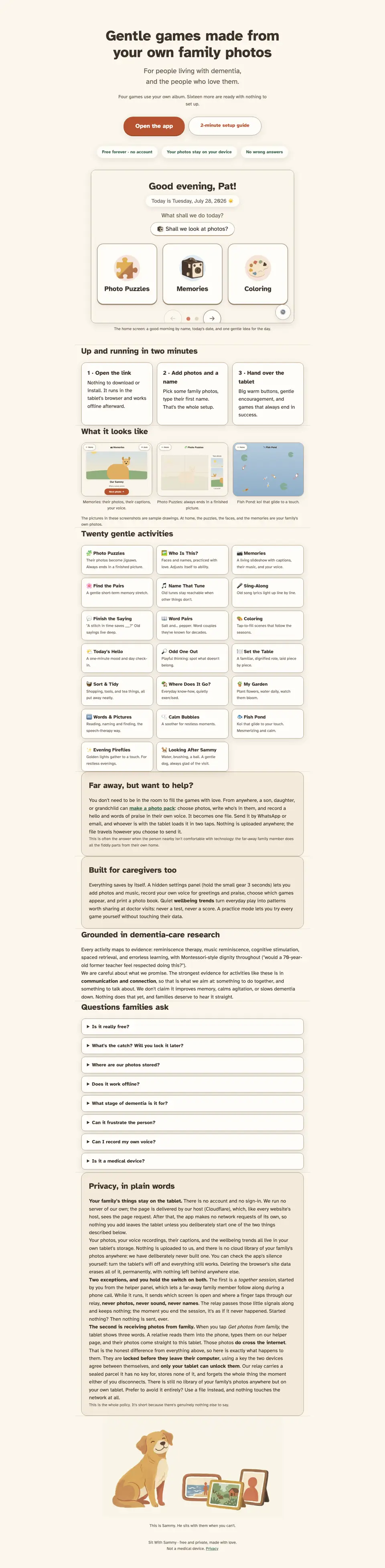 The full Sit With Sammy home page, top to bottom