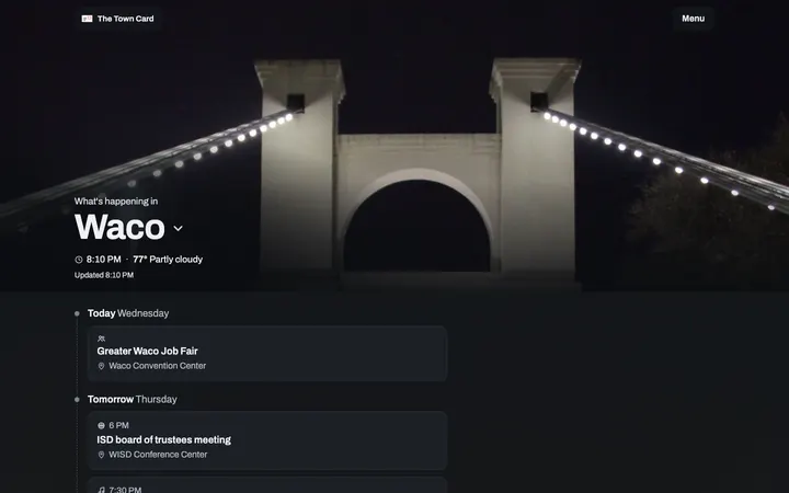 The Town Card home page on a desktop screen