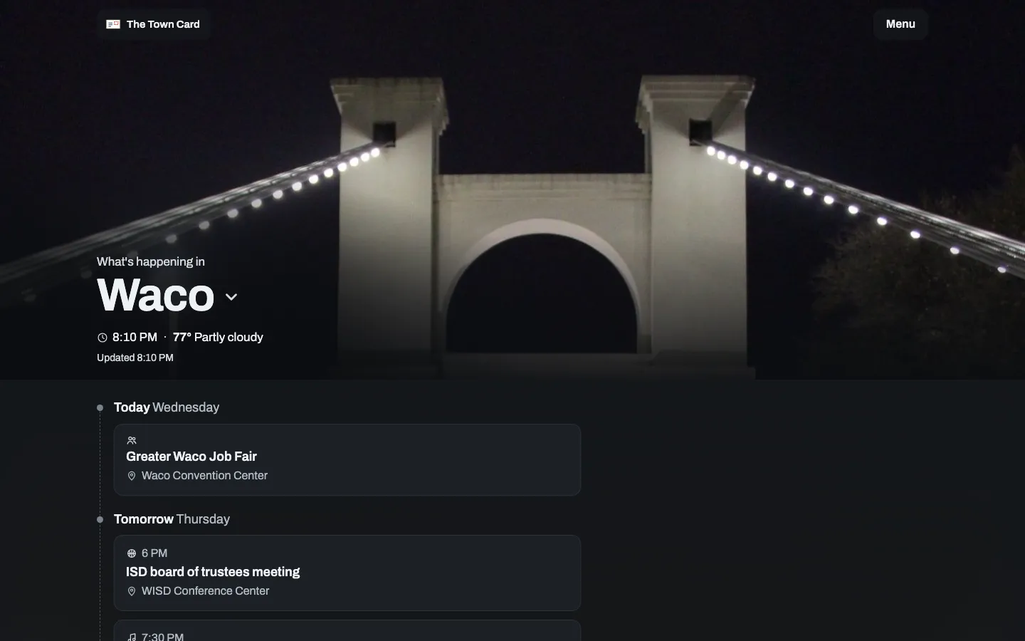 The Town Card home page on a desktop screen
