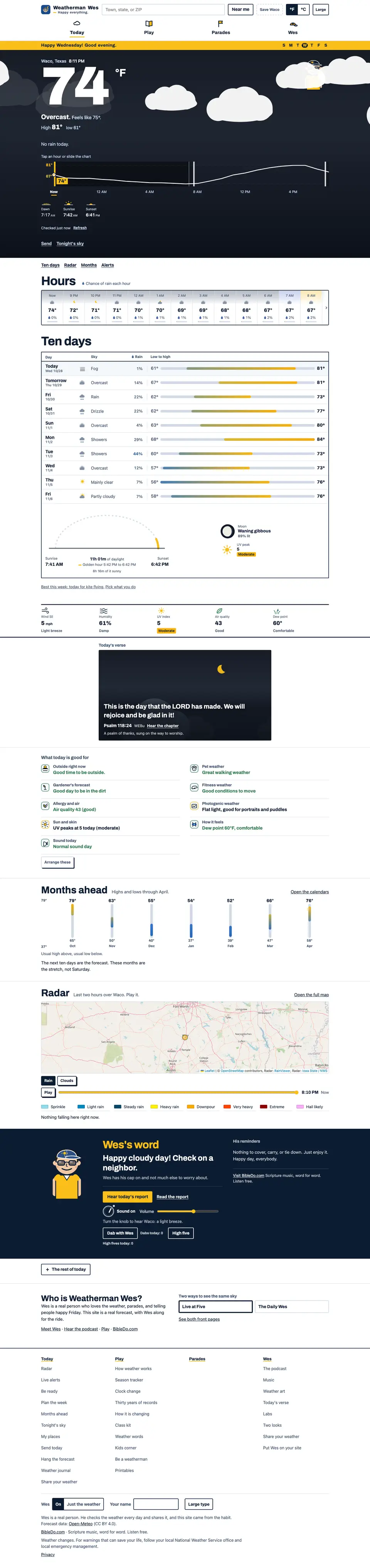 The full Weatherman Wes home page, top to bottom
