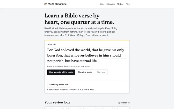 Worth Memorizing home page on a desktop screen