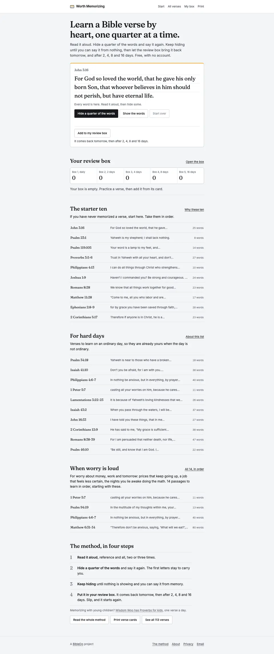 The full Worth Memorizing home page, top to bottom